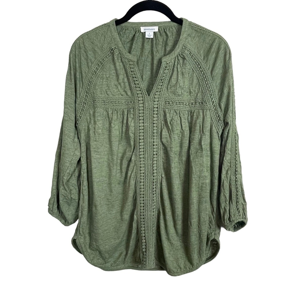 Sundance Peasant Blouse Womens S Green Forest Fairy Earthy Crochet Lace Boho Top